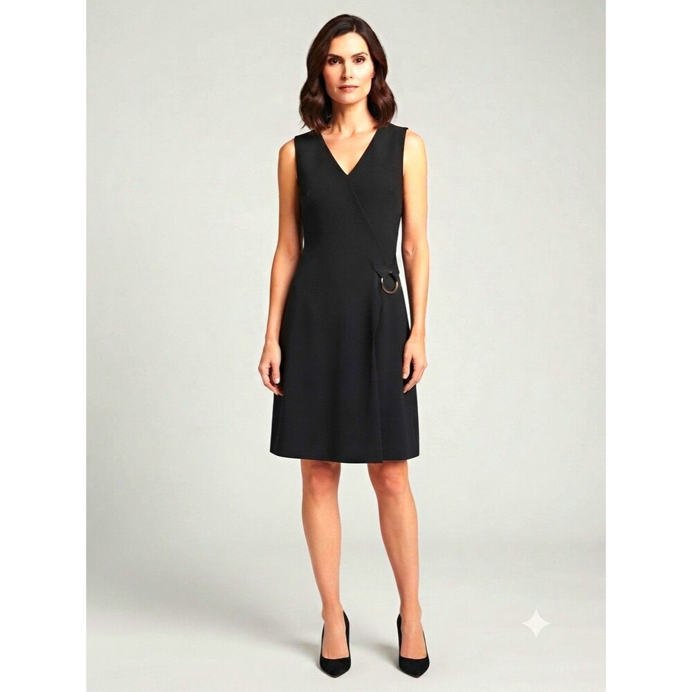 Calvin Klein Black Sleeveless V-Neck Sheath Knee Dress Ring Accent Size 10